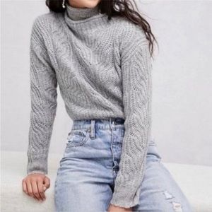 J. Crew Gray Pointelle Mock Neck Cable Knit Alpaca Blend Sweater